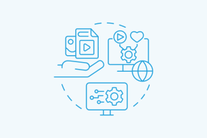 Blue line icons showing laptop with settings, mobile device with heart, and desktop monitor with gear, representing digital technology and user preferences.