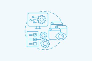 Blue line drawings of documents, gears, and workflow icons representing business processes