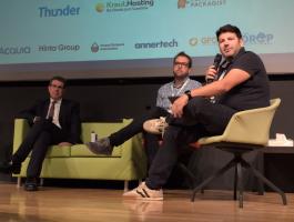 Tassos Koutlas, Dries Buytaert, and Professor Dimosthenis Anagnostopoulos discuss the impact of AI
