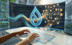 A futuristic Drupal contributor working in an AI-enhanced IDE