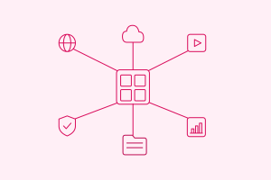 Pink diagram showing a central grid connected to six icons: globe, cloud, play button, shield with checkmark, document, and bar chart