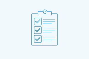 Blue clipboard icon with three checked checkboxes and lines representing a checklist