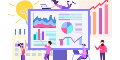 Cartoon image of graphs and people on laptops