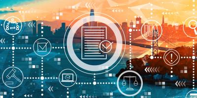 San Francisco aerial shot with digital overlay of checklist imagery