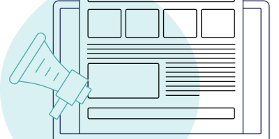 teal acquia drop with icon of a newspaper coming out of a laptop and a megaphone