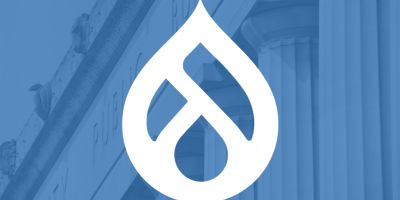 Drupal logo overlaid on public building