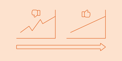 Bar graph with thumbs down next to bar graph with thumbs up
