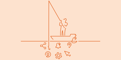Person fishing from boat with UI/UX icons in the water below