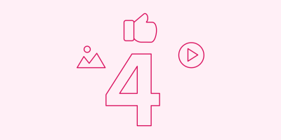 4 surrounded by icons for image, thumbs up, and video