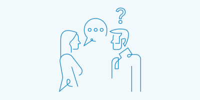 Man with question mark above head next to a woman with a speech bubble