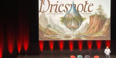 Color photo of Dries Buytaert giving his Driesnote speech at DrupalCon Lille 2023