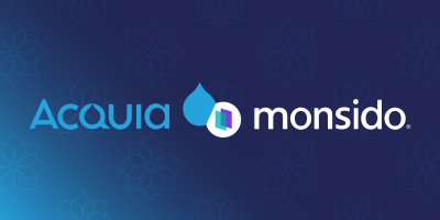 acquia and monsido logo together on a navy and blue gradient background