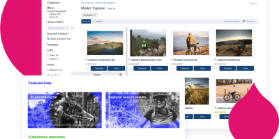 pink acquia droplets with screenshots from the Acquia DAM trial site
