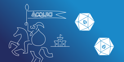 Illustration of a knight with an Acquia banner and two Dungeons and Dragons Dice with the Drupal logo on them