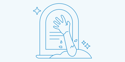 line drawing of a tombstone and an arm reaching out of the ground