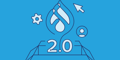 Drupal 2.0 logo with water droplet, gear icon, and cursor on blue background