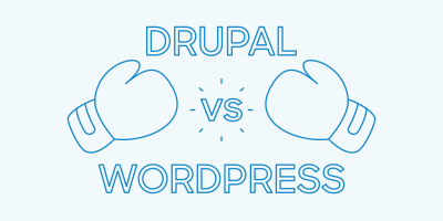 Two boxing gloves facing each other with "DRUPAL vs. WORDPRESS" text in blue outline style