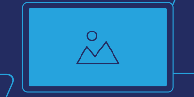 Laptop displaying a simple line drawing of mountains and sun on blue screen