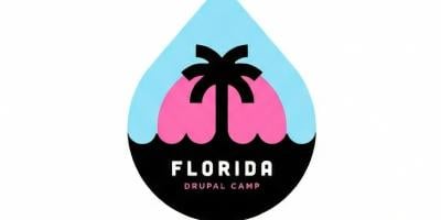 Teardrop-shaped logo with palm tree silhouette, pink circle, and "Florida" text on black base