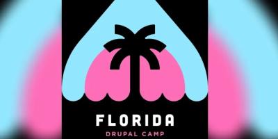 Florida logo with palm tree silhouette in diamond shape on colorful gradient background