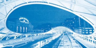 artistic rendering in blue of denver landmarks