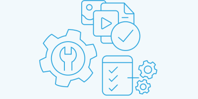 Blue line icons showing document with play button, gear with download arrow, checkmark, and clipboard with checklist