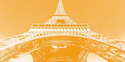 White silhouette of Eiffel Tower against orange gradient background