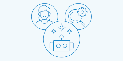 Three blue circular icons showing user profiles, settings gear, and goal target with arrows