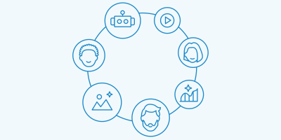Seven interconnected circles containing business icons including analytics, security shield, and collaboration symbols