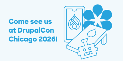 DrupalCon Chicago 2026 promotional graphic with blue robot mascot holding Drupal logo