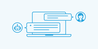 Laptop computer with chat bubbles and user icons representing online communication