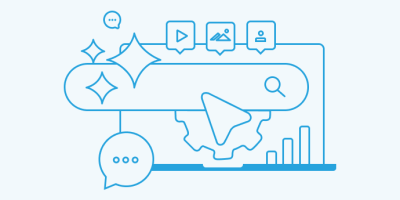 Light blue line drawing of computer screen with paper airplane, chat bubble, and sparkles
