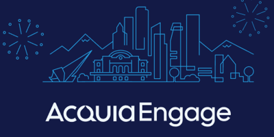 AcquiaEngage logo with blue cityscape illustration featuring buildings, mountains, and decorative elements
