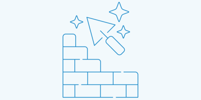 Blue line drawing of brick wall with magic wand and sparkles
