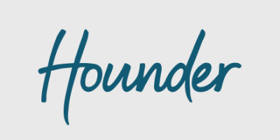 Hounder logo in teal handwritten script font on light gray background