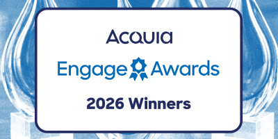 Acquia Engage Awards 2026 Winners logo on blue geometric background