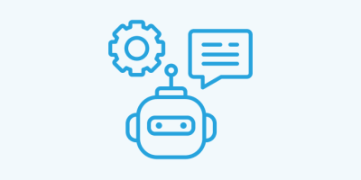 Chatbot icon with gear and speech bubble symbols in blue outline style