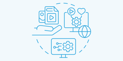 Blue line icons showing laptop with settings, mobile device with heart, and desktop monitor with gear, representing digital technology and user preferences.