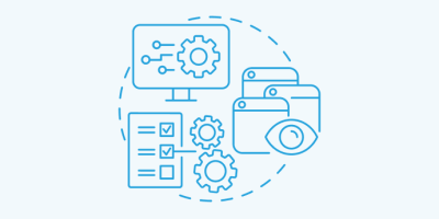 Blue line drawings of documents, gears, and workflow icons representing business processes