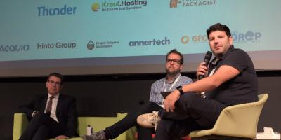 Tassos Koutlas, Dries Buytaert, and Professor Dimosthenis Anagnostopoulos discuss the impact of AI