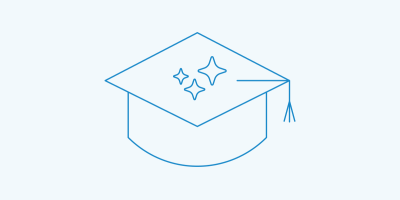 Graduation cap icon in blue outline style