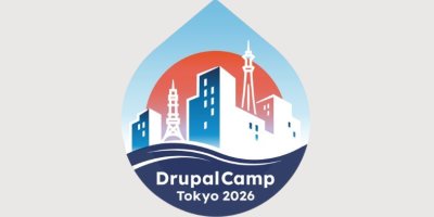 Drupal Camp logo with stylized city skyline in red and blue within a water drop shape