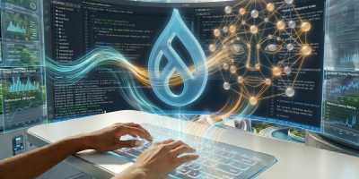 A futuristic Drupal contributor working in an AI-enhanced IDE