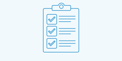 Blue clipboard icon with three checked checkboxes and lines representing a checklist