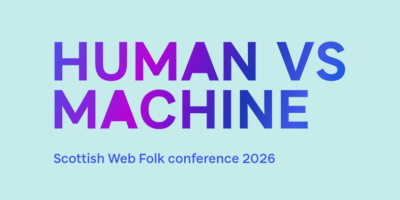 Human vs Machine Scottish Web Folk Conference 2026 logo on light blue background