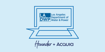 Hounder and Aacquia logos displayed on a laptop screen with blue ribbon banner