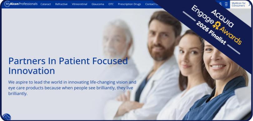 Healthcare professionals in white coats smiling, with blue header text about patient-focused innovation partnership