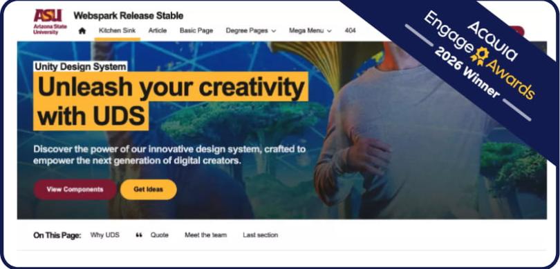 Screenshot of ASU website homepage featuring creative design services with colorful interface