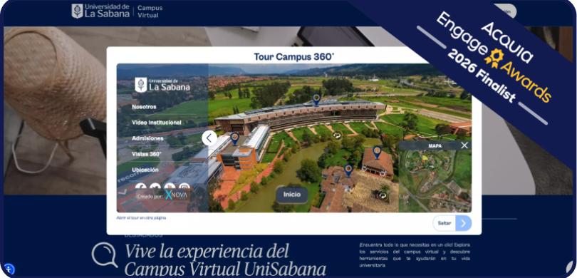 Screenshot of a website homepage featuring aerial view of green landscape with buildings