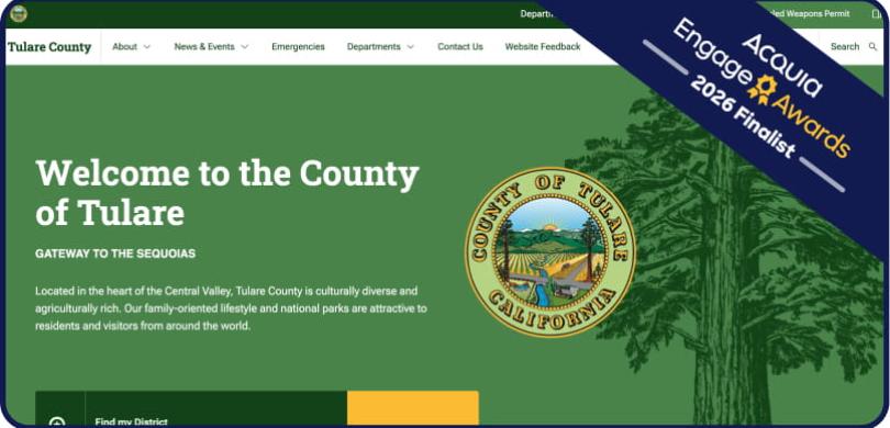 County of Tulare website homepage with green agricultural field background and official seal logo.